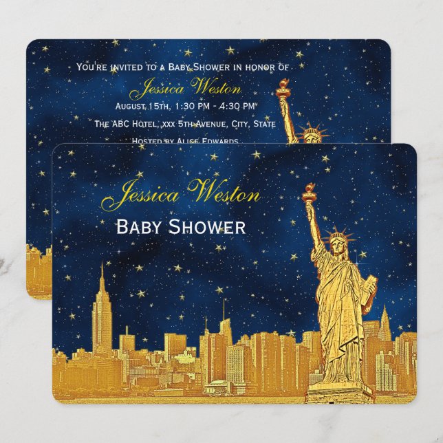 Gold NYC Skyline #2 Blue Starry H Baby Shower Invitation (Front/Back)