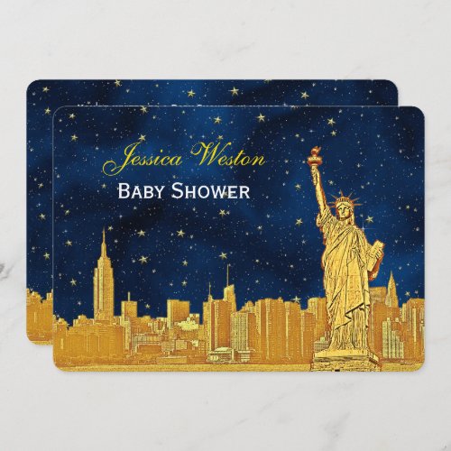 Gold NYC Skyline 2 Blue Starry H Baby Shower Invitation