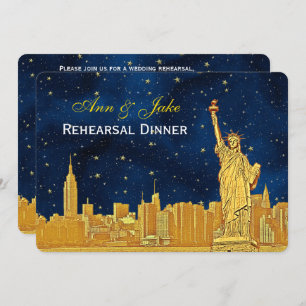 Gold NYC Skyline #2 Blue Starry H Rehearsal Dinner Invitation
