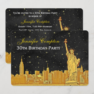 Gold NYC Skyline #2 Etch Blk Starry BG H Birthday Invitation