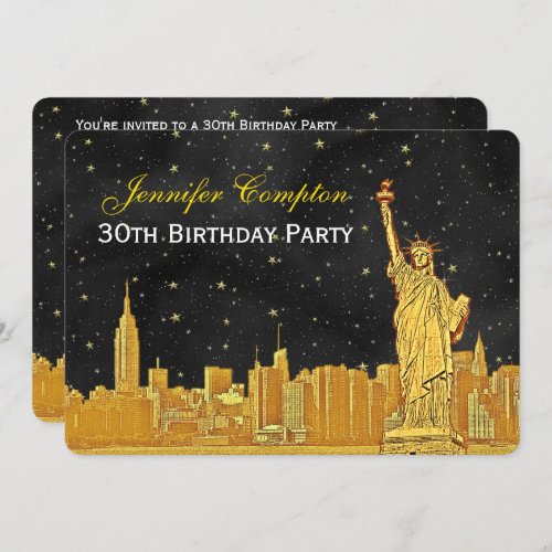 Gold NYC Skyline 2 Etch Blk Starry BG H Birthday Invitation