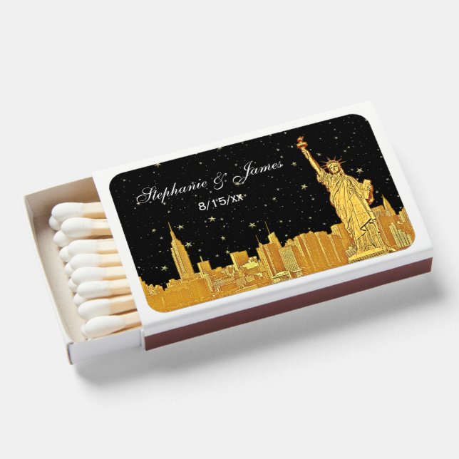 Gold NYC Skyline #2 Etch Blk Starry BG H Matchboxes (Front Open)