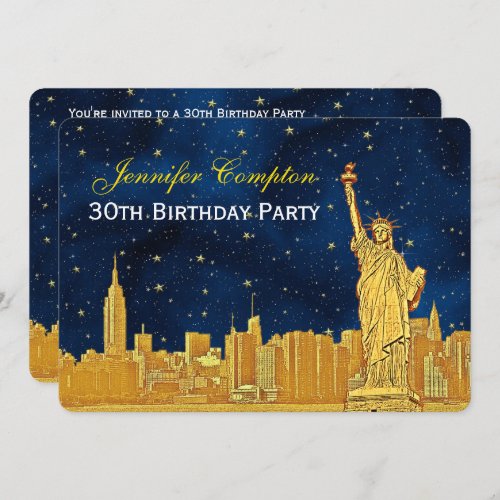 Gold NYC Skyline 2 Etch Blue Starry BG H Birthday Invitation