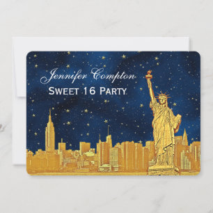 Gold NYC Skyline #2 Etch Blue Starry BG H Sweet 16 Invitation