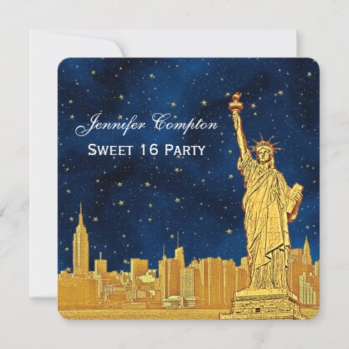 Gold NYC Skyline 2 Etch BlueStarry BG SQ Sweet 16 Invitation