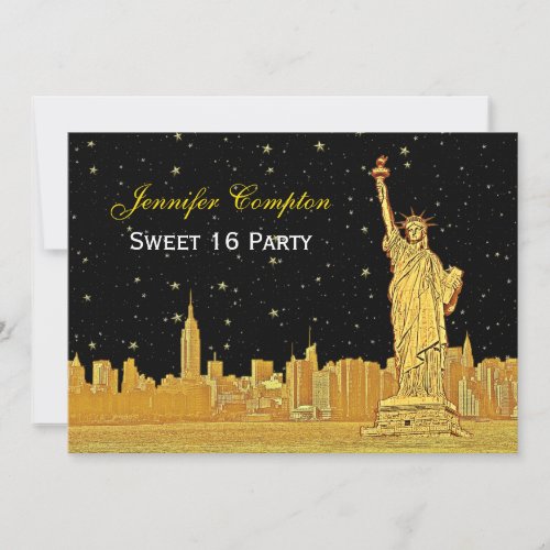 Gold NYC Skyline 2 Etch Starry DIY BG H Sweet 16 Invitation