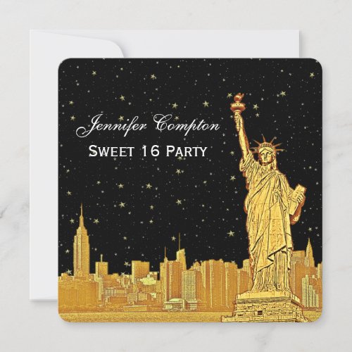 Gold NYC Skyline 2 Etch Starry DIY BG SQ Sweet 16 Invitation