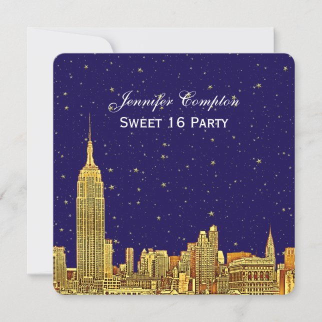 Gold NYC Skyline Etch Blue Starry Sky SQ Sweet 16 Invitation (Front)