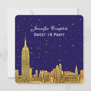 Gold NYC Skyline Etch Blue Starry Sky SQ Sweet 16 Invitation