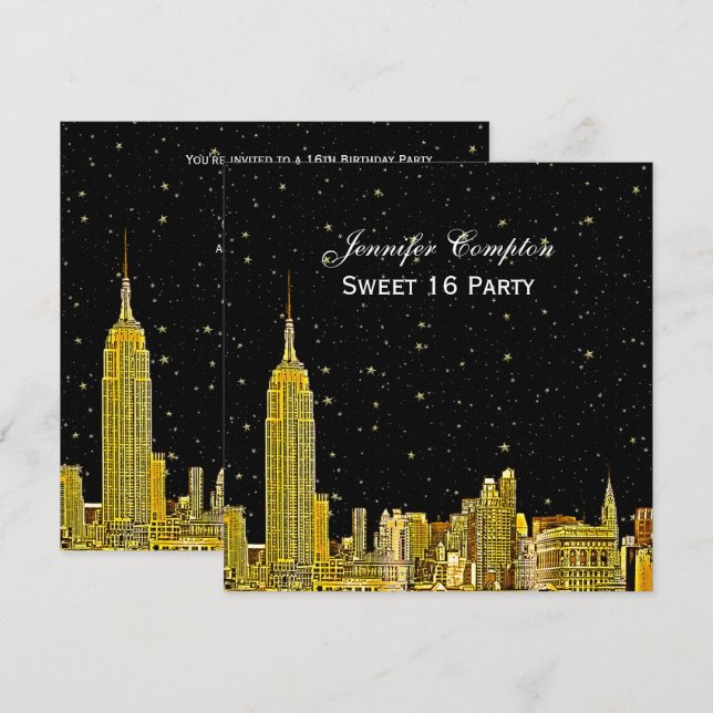 Gold NYC Skyline Etched Starry DIY BG SQ Sweet 16 Invitation (Front/Back)