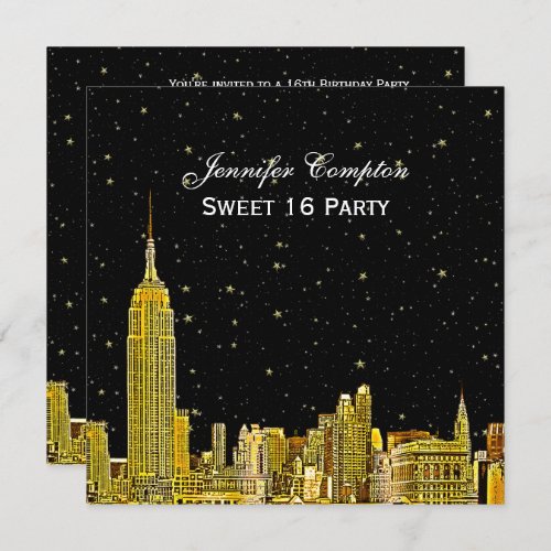 Gold NYC Skyline Etched Starry DIY BG SQ Sweet 16 Invitation