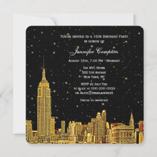 Gold NYC Skyline Etched Starry Sky SQ Sweet 16 Invitation