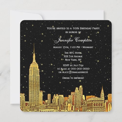Gold NYC Skyline Etched Starry Sky SQ Sweet 16 Invitation