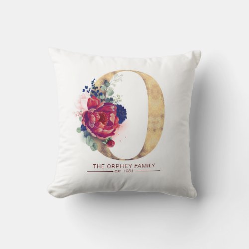 Gold O Monogram Floral Burgundy Red and Navy Blue Throw Pillow