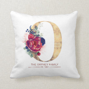 Gold O Monogram Floral Burgundy Red and Navy Blue Throw Pillow