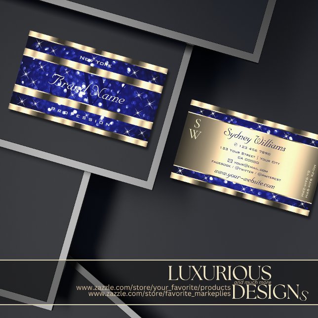 Gold Ocean Blue Glitter Luminous Stars Initials Business Card (Creator Uploaded)