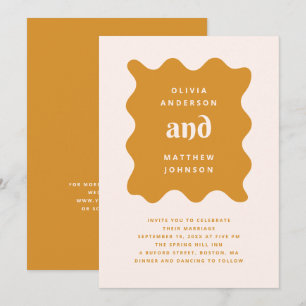 Gold Ochre Modern Wedding Mustard Wavy + QR Code Invitation