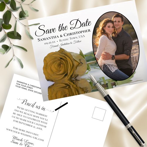 Gold Ochre Rose Oval Photo Wedding Save The Date Announcement Postcard