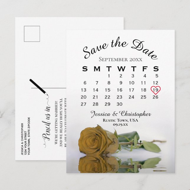 Gold Ochre Rose Wedding Calendar Save the Date Announcement Postcard (Front/Back)