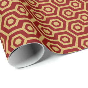 Gold Octagonal Pattern On Dark Red Background Wrapping Paper