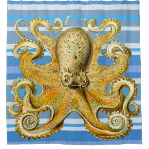 Gold Octopus  Blue white stripe  Shower curtain