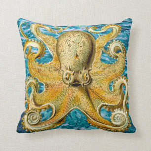 Gold Octopus Ocean waves decor pillow