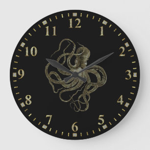 Gold octopus on black large clock