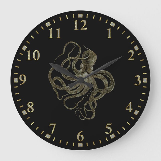 Gold octopus on black large clock (Front)