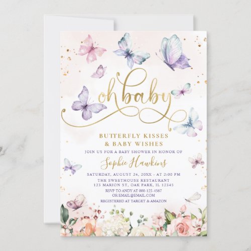 Gold Oh Baby Butterfly Kisses Baby Shower Invitation