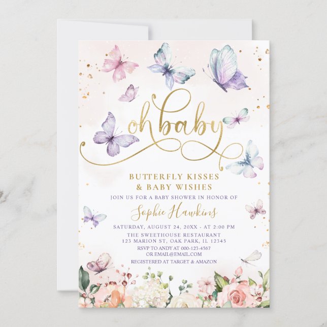 Gold Oh Baby Butterfly Kisses Baby Shower Invitation (Front)
