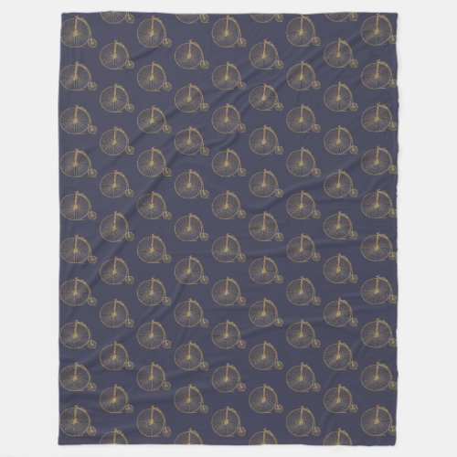 Gold Old Fashioned Unicycle Line Drawing Navy Blue Fleece Blanket