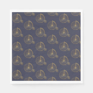 Gold Old Fashioned Unicycle Line Drawing Navy Blue Napkins