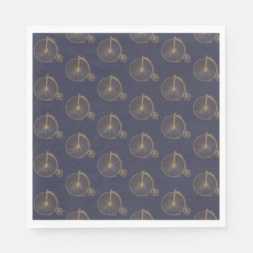Gold Old Fashioned Unicycle Line Drawing Navy Blue Napkins