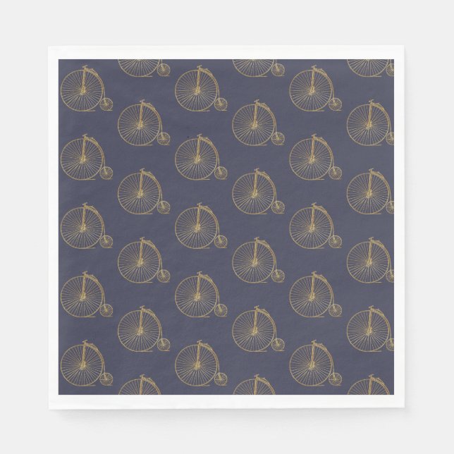 Gold Old Fashioned Unicycle Line Drawing Navy Blue Napkins (Front)