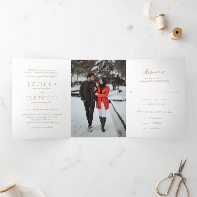 Gold Old Money Photo Elegant Wedding Tri-Fold Invitation (Inside)