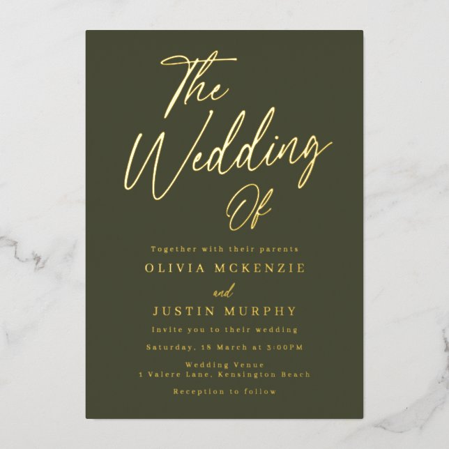 Gold & Olive Modern Wedding Golden Foil Invitation (Front)