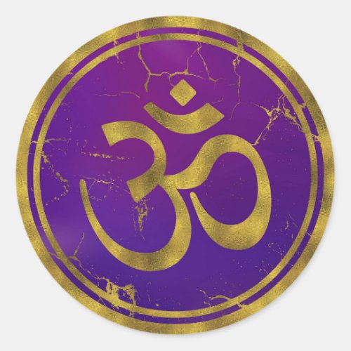 Gold OM symbol _ Aum Omkara  on PurpleIndigo Classic Round Sticker