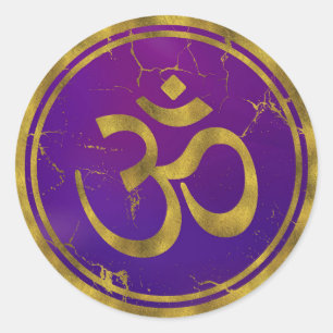 Gold OM symbol - Aum, Omkara on Purple/Indigo Classic Round Sticker