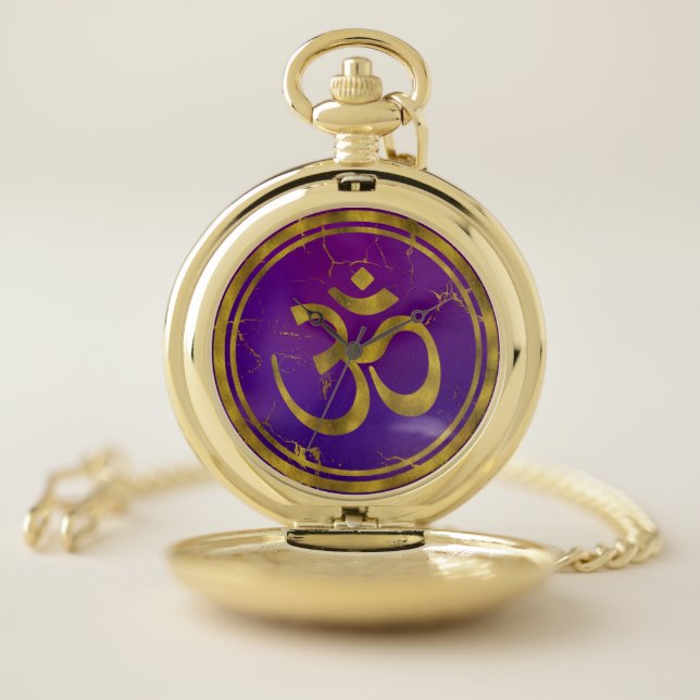Gold OM symbol - Aum, Omkara  on Purple/Indigo Pocket Watch (Inside)