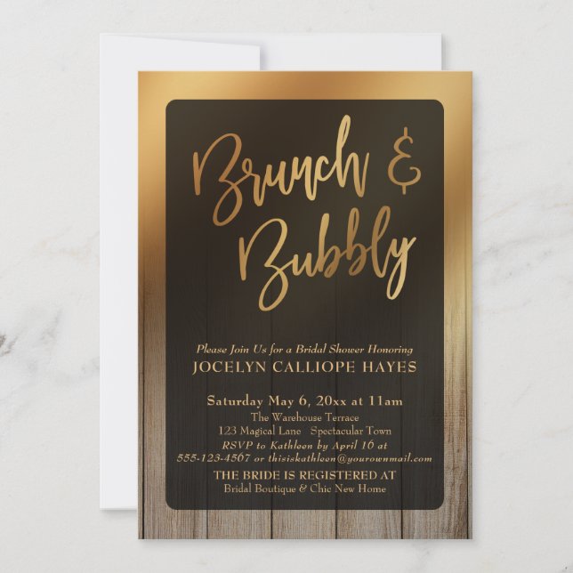 Gold Ombre Barn Wood Brunch & Bubbly Invitation (Front)