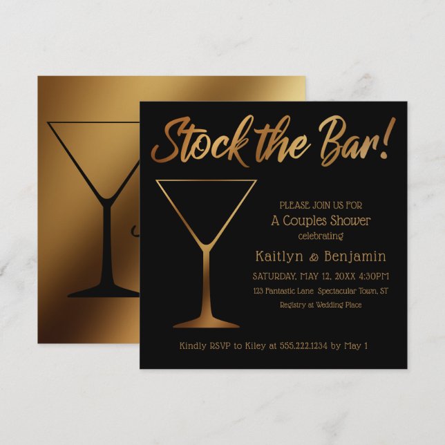 Gold Ombre & Black Couples Stock the Bar Shower Invitation (Front/Back)
