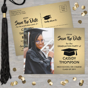 Gold Ombre & Black Graduation Photo Save the Date Postcard