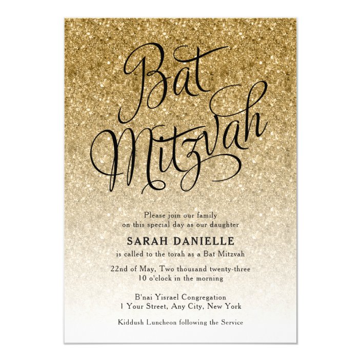 Gold Ombre Glitter Fancy Bat Mitzvah Rectangle Invitation | Zazzle.com