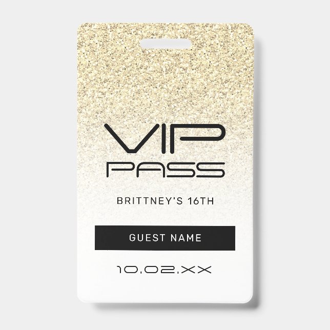 Gold Ombre Glitter Glam VIP Pass 16th Invitation Badge (Front)