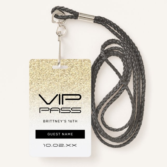 Gold Ombre Glitter Glam VIP Pass 16th Invitation Badge (Front with Lanyard)