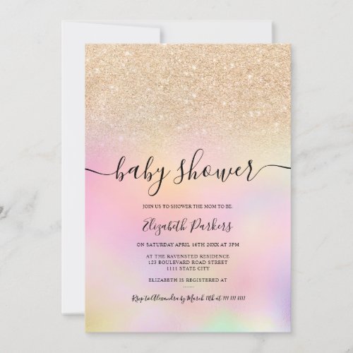 Gold ombre glitter holographic girl baby shower invitation