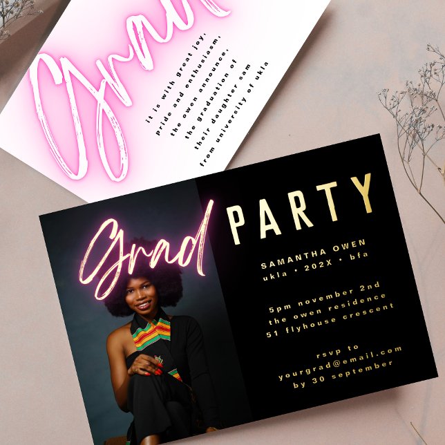 GOLD Ombre Pink Neon Elegant Grad Photo Party Foil Invitation (Creator Uploaded)