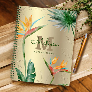 Gold Ombre Tropical Island Floral Monogram Script Notebook