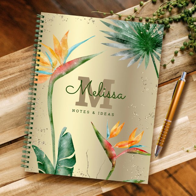 Gold Ombre Tropical Island Floral Monogram Script Notebook (Creator Uploaded)