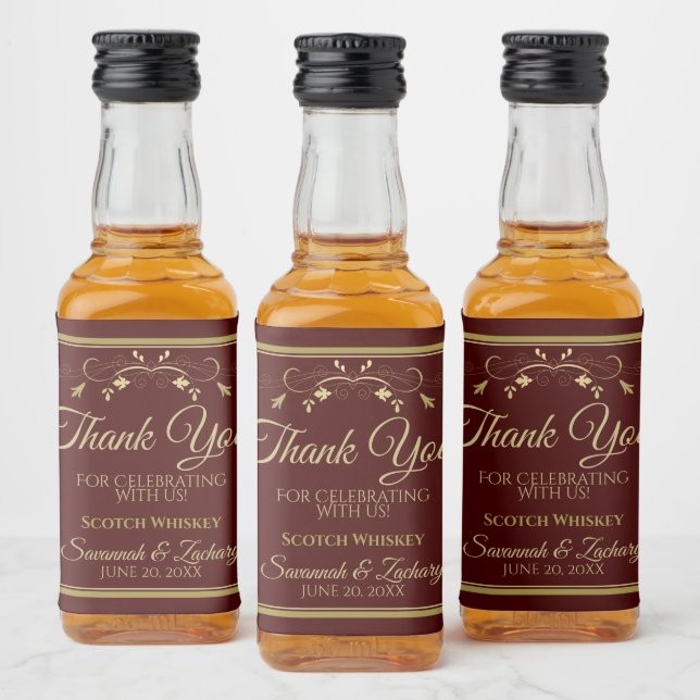 Gold on Auburn Brown Wedding Thank You Mini Liquor Bottle Label (Bottles)
